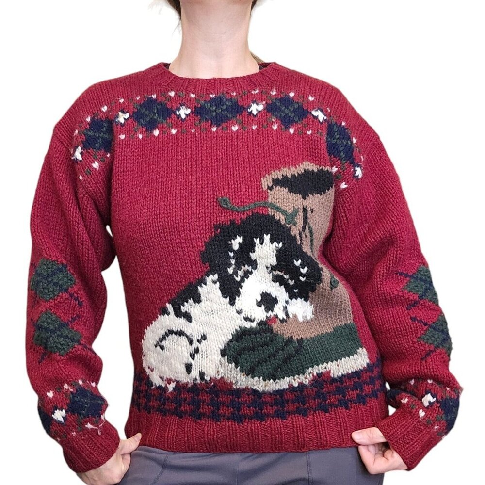 Vintage Womens‎ Size Medium Handknit Dog Sweater Wool Red Double Sided Argyle